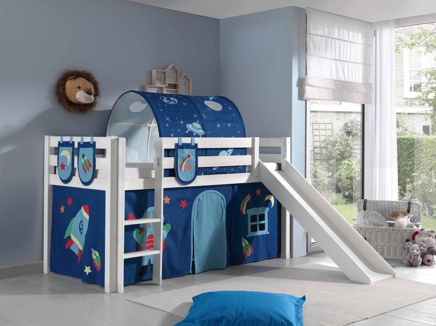 LUCEVI Pino Halfhoogslaper + Ladder + Glijbaan + Astro Gordijntjes + 3 Zakjes + Astro Tunnel Wit 90x200 cm