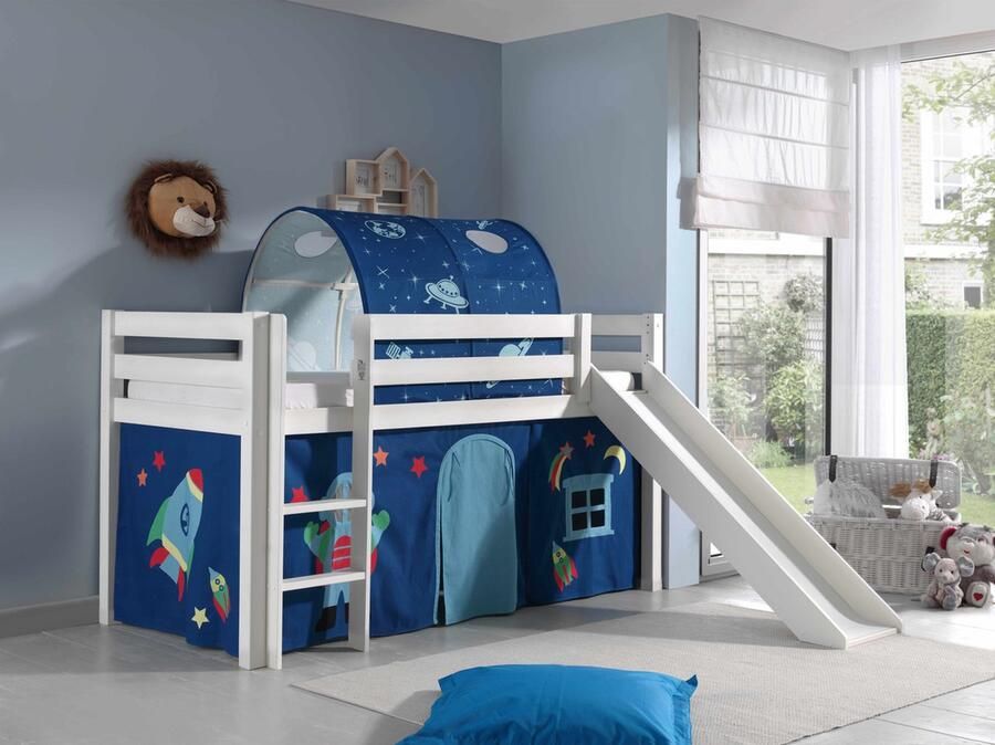 LUCEVI Pino Halfhoogslaper + Ladder + Glijbaan + Astro Gordijntjes + Astro Tunnel Wit 90x200 cm