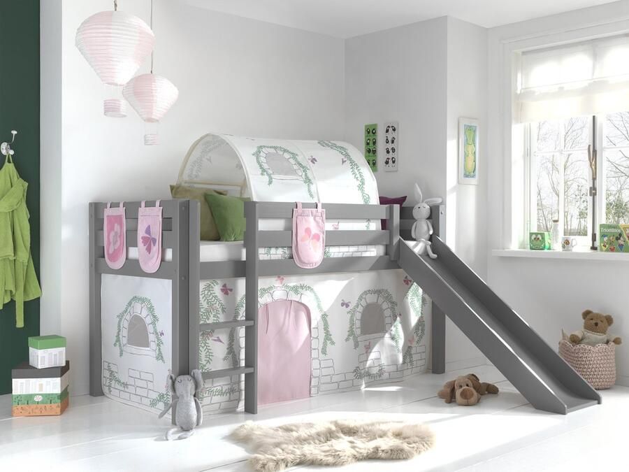 LUCEVI Pino Halfhoogslaper + Ladder + Glijbaan + Birdy Gordijntjes + 3 Zakjes + Birdy Tunnel Grijs 90x200 cm