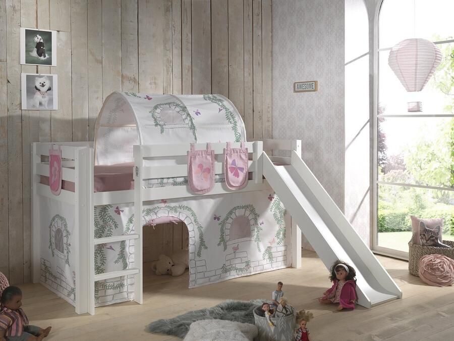 LUCEVI Pino Halfhoogslaper + Ladder + Glijbaan + Birdy Gordijntjes + 3 Zakjes + Birdy Tunnel Wit 90x200 cm