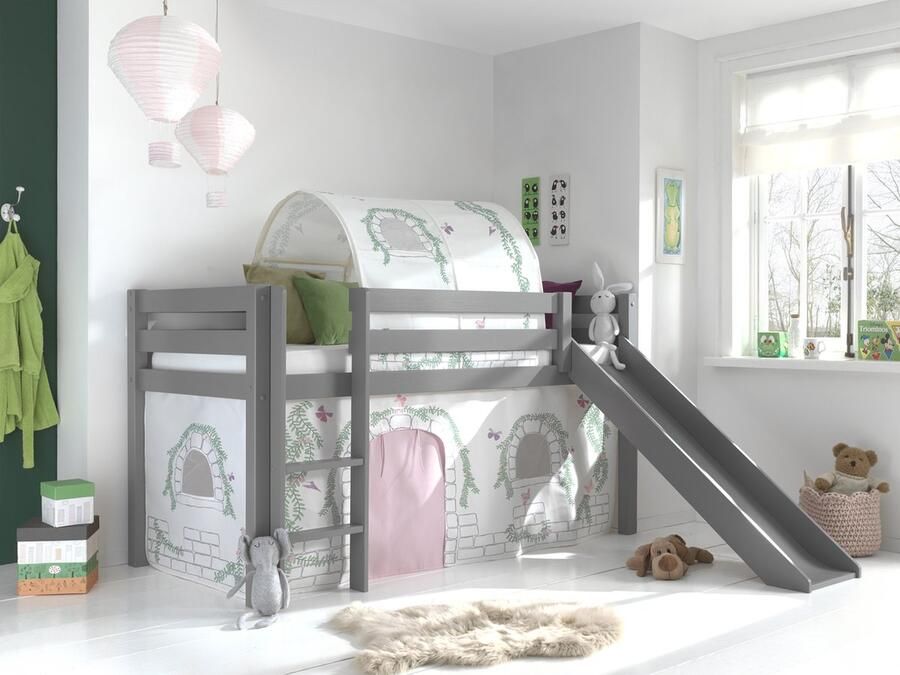 LUCEVI Pino Halfhoogslaper + Ladder + Glijbaan + Birdy Gordijntjes + Birdy Tunnel Grijs 90x200 cm