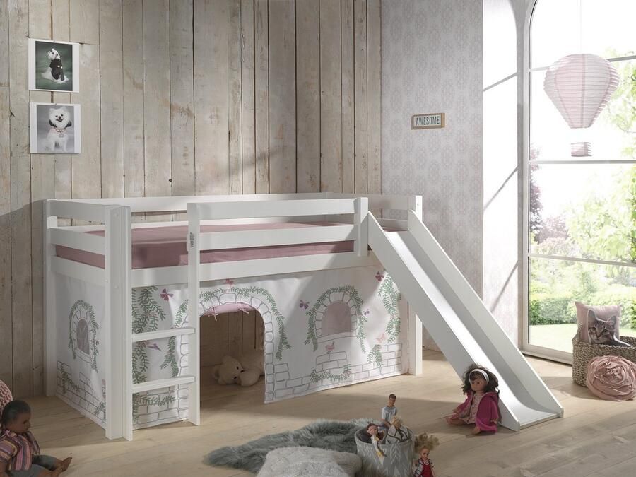 LUCEVI Pino Halfhoogslaper + Ladder + Glijbaan + Birdy Gordijntjes Wit 90x200 cm