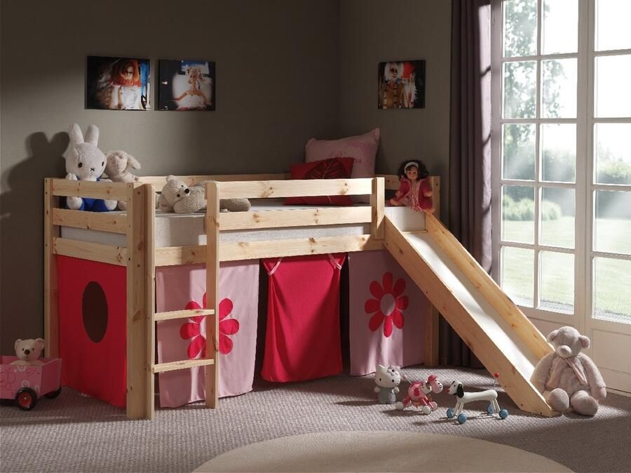 LUCEVI Pino Halfhoogslaper + Ladder + Glijbaan + Pink Flower Gordijntjes Bruin 90x200 cm