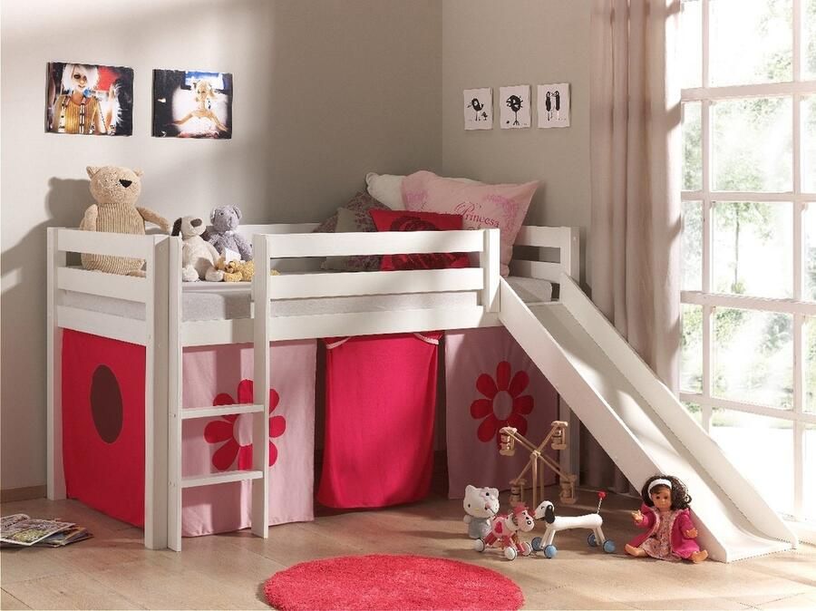 LUCEVI Pino Halfhoogslaper + Ladder + Glijbaan + Pink Flower Gordijntjes Wit 90x200 cm