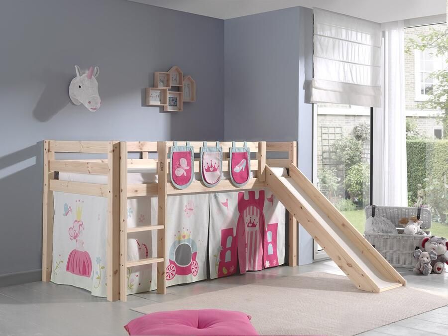 LUCEVI Pino Halfhoogslaper + Ladder + Glijbaan + Princess Gordijntjes + 3 Zakjes Bruin 90x200 cm