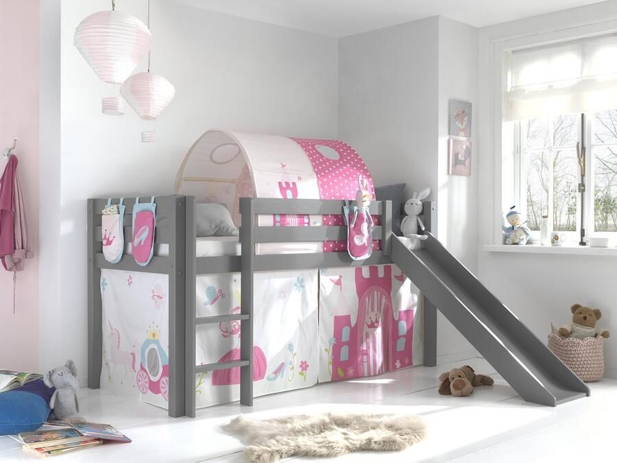 LUCEVI Pino Halfhoogslaper + Ladder + Glijbaan + Princess Gordijntjes + 3 Zakjes + Princess Tunnel Grijs 90x200 cm