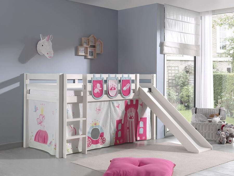 LUCEVI Pino Halfhoogslaper + Ladder + Glijbaan + Princess Gordijntjes + 3 Zakjes Wit 90x200 cm