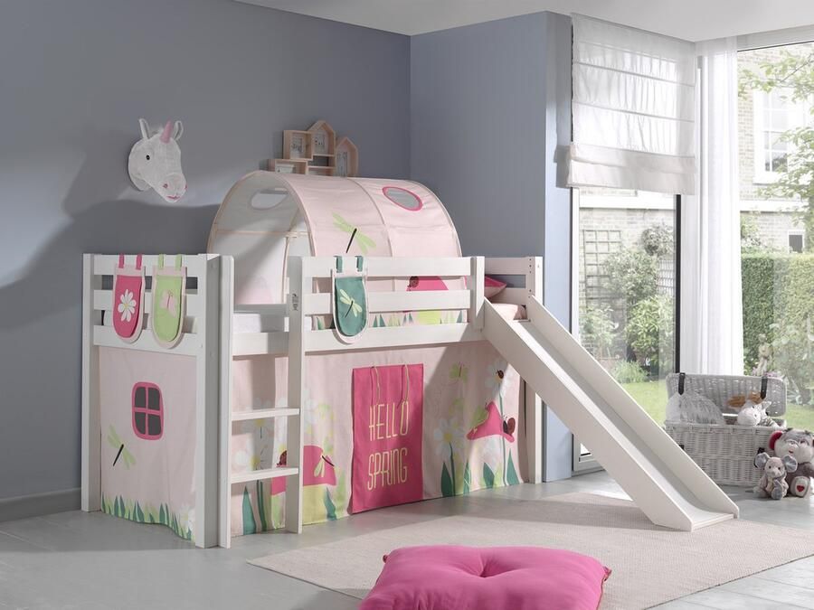 LUCEVI Pino Halfhoogslaper + Ladder + Glijbaan + Spring Gordijntjes + 3 Zakjes + Spring Tunnel Wit 90x200 cm