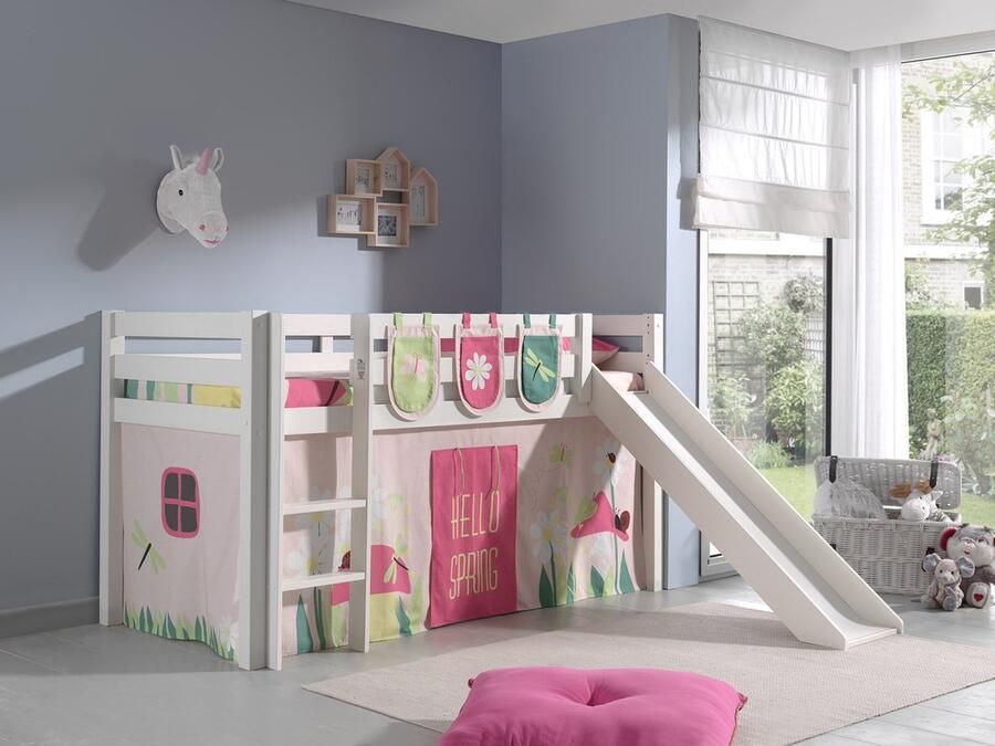 LUCEVI Pino Halfhoogslaper + Ladder + Glijbaan + Spring Gordijntjes + 3 Zakjes Wit 90x200 cm