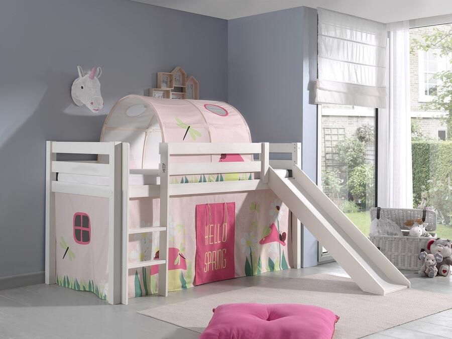 LUCEVI Pino Halfhoogslaper + Ladder + Glijbaan + Spring Gordijntjes + Spring Tunnel Wit 90x200 cm