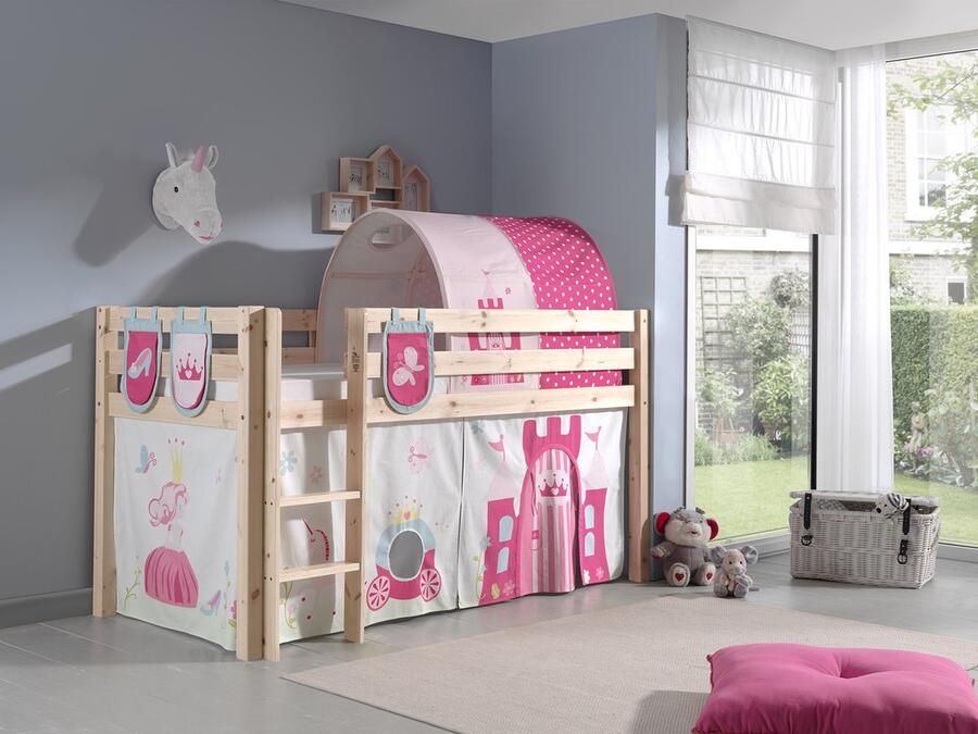 LUCEVI Pino Halfhoogslaper + Ladder + Princess Gordijntjes + 3 Zakjes + Princess Tunnel Bruin 90x200 cm