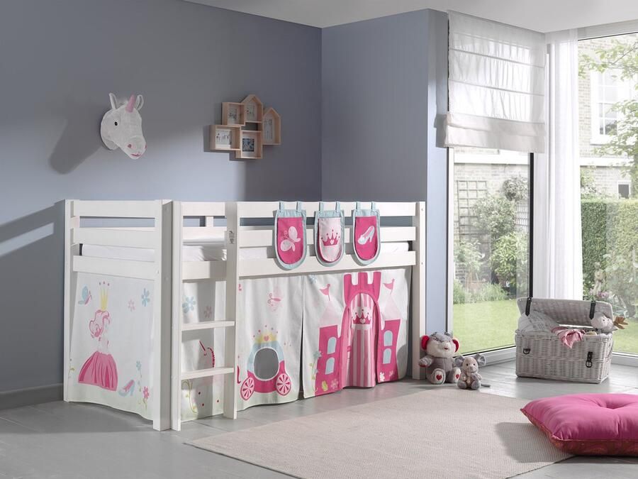 LUCEVI Pino Halfhoogslaper + Ladder + Princess Gordijntjes + 3 Zakjes Wit 90x200 cm