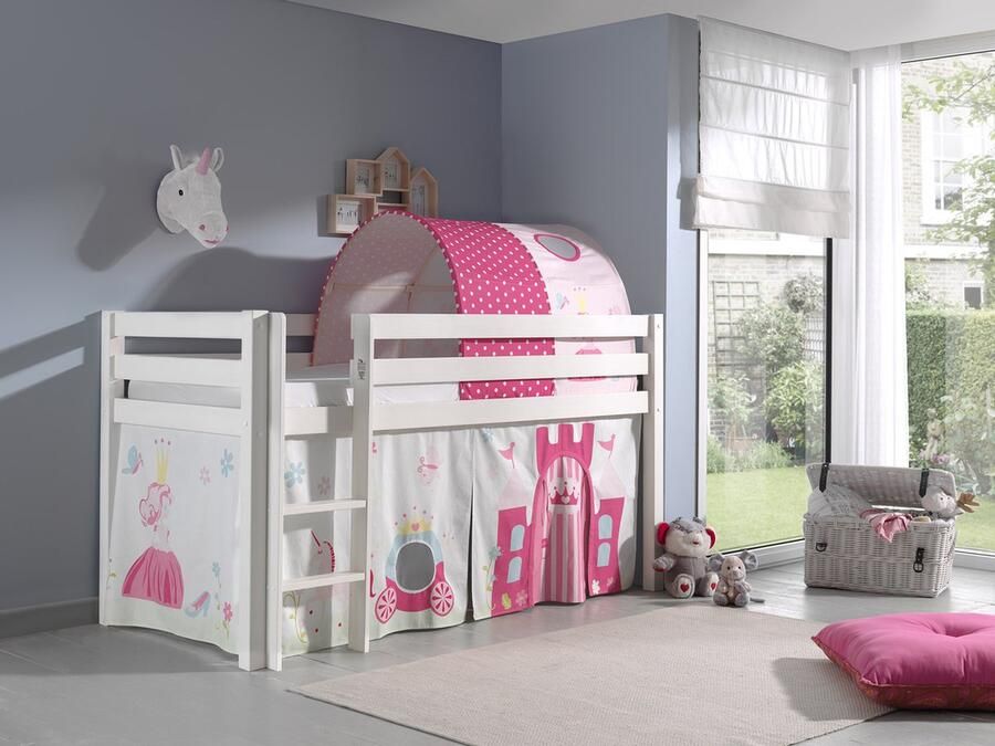 LUCEVI Pino Halfhoogslaper + Ladder + Princess Gordijntjes + Princess Tunnel Wit 90x200 cm