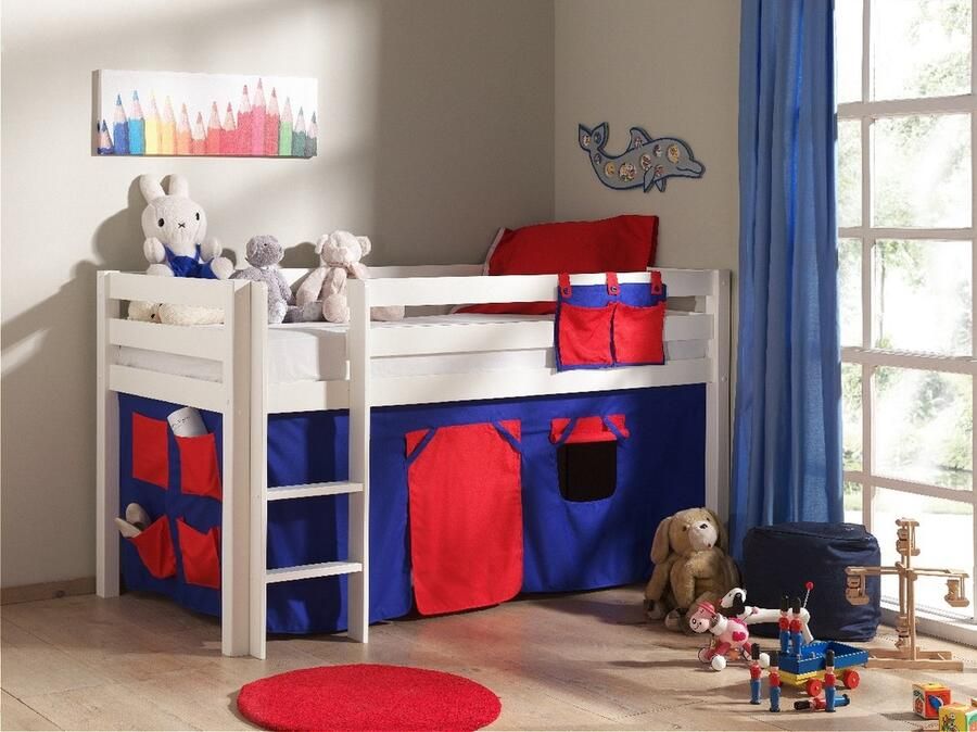 LUCEVI Pino Halfhoogslaper + Ladder + Set van Domino Gordijntjes Wit 90x200 cm