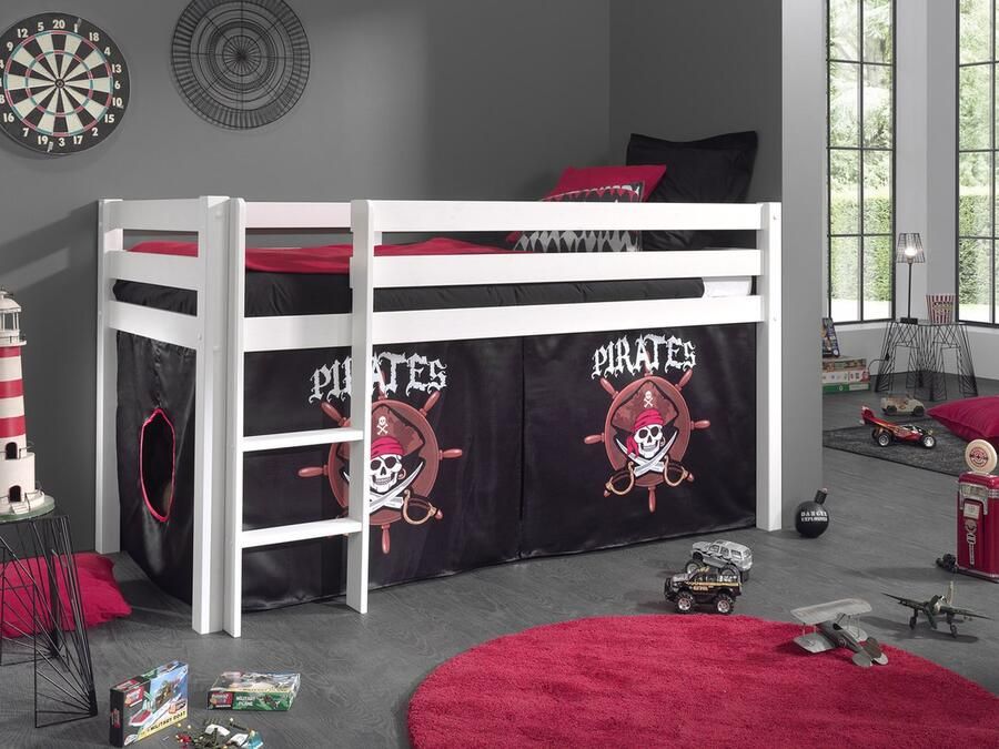 LUCEVI Pino Halfhoogslaper + Ladder + Set van Piraten Gordijntjes Wit 90x200 cm