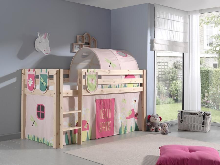 LUCEVI Pino Halfhoogslaper + Ladder + Spring Gordijntjes + 3 Zakjes + Spring Tunnel Bruin 90x200 cm