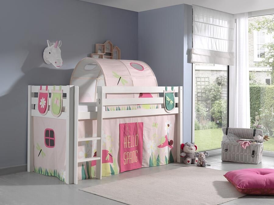 LUCEVI Pino Halfhoogslaper + Ladder + Spring Gordijntjes + 3 Zakjes + Spring Tunnel Wit 90x200 cm