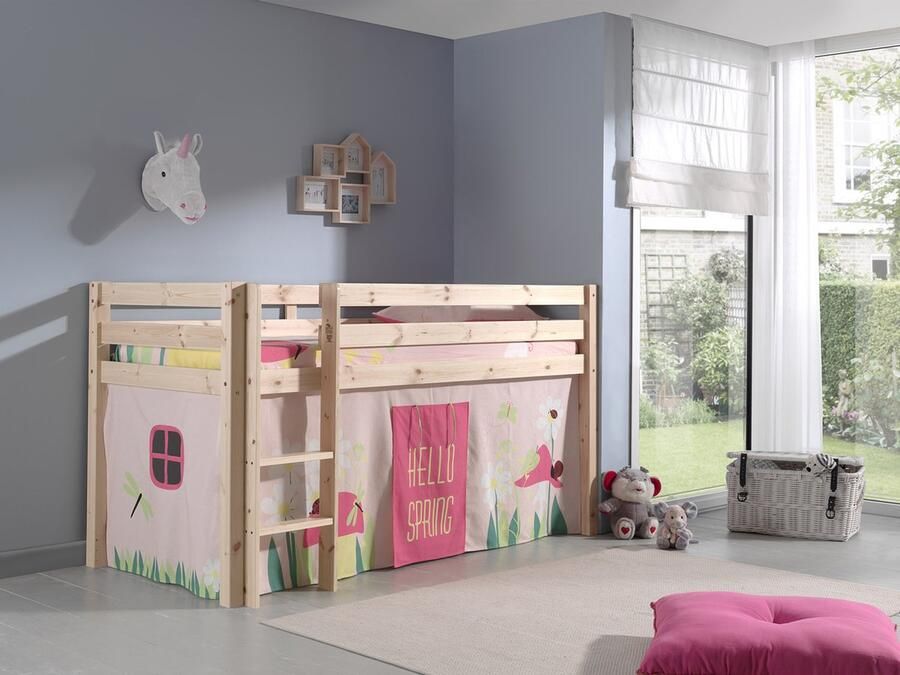 LUCEVI Pino Halfhoogslaper + Ladder + Spring Gordijntjes Bruin 90x200 cm