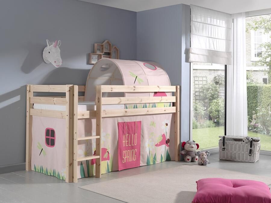 LUCEVI Pino Halfhoogslaper + Ladder + Spring Gordijntjes + Spring Tunnel Bruin 90x200 cm