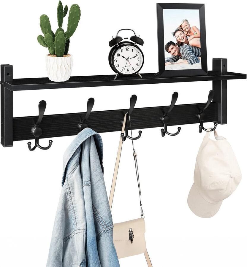 Wand kapstok met plank 10 haken Hangend Kapstokken Kleer Kleding Hangers Vintage Muur Industrieel Hout Garde robe Zwart Luft - Foto 2