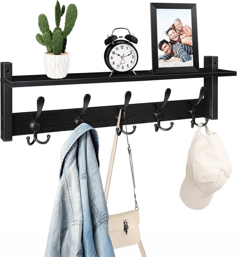 Luft Kapstok hangend met plank 10 haken Industrieel Wandkapstok Zwart