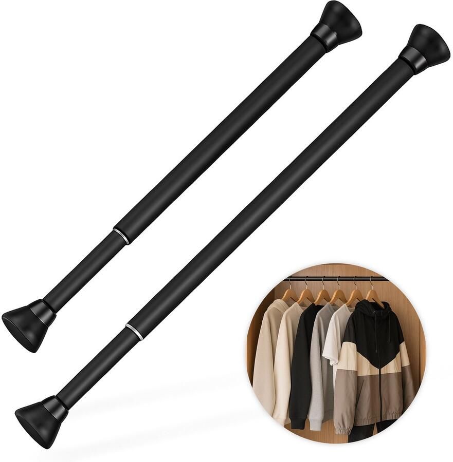 Luft Kledingroede Zonder Boren 110-200 cm Kledingstang Uitschuifbaar & Verstelbaar Rail Gordijnroede Kastroede Kledingstangen voor aan de muur Garderobe stang Rek Buis Zwart