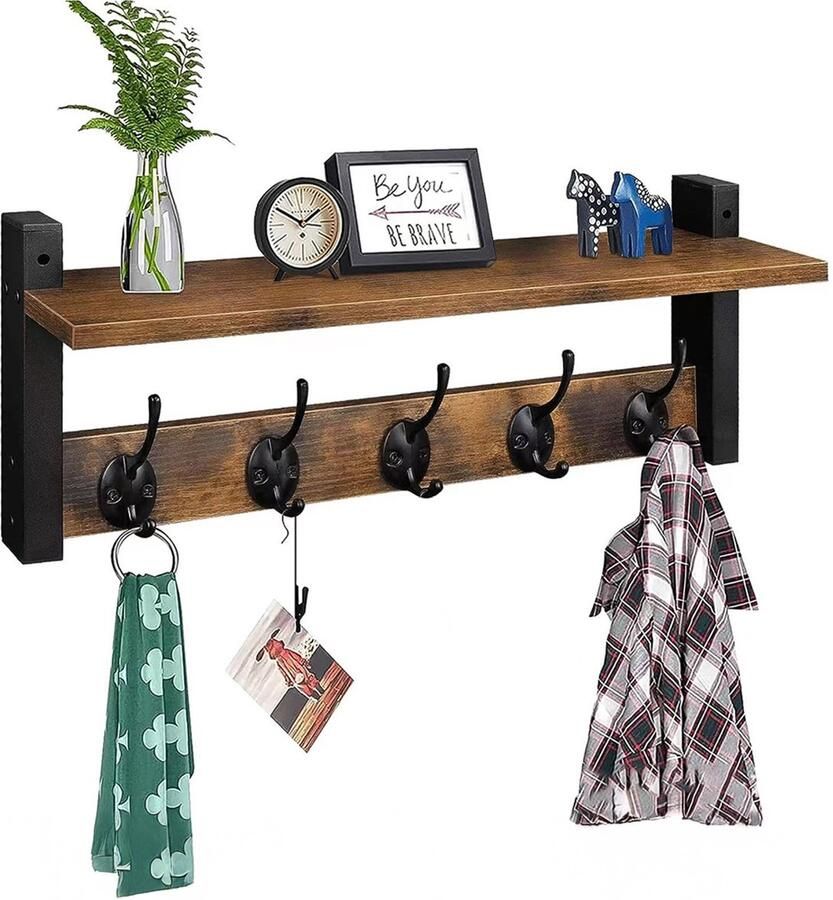 Wand kapstok met plank 10 haken Hangend Kapstokken Kleer Kleding Hangers Vintage Muur Industrieel Hout Garde robe Zwart Luft