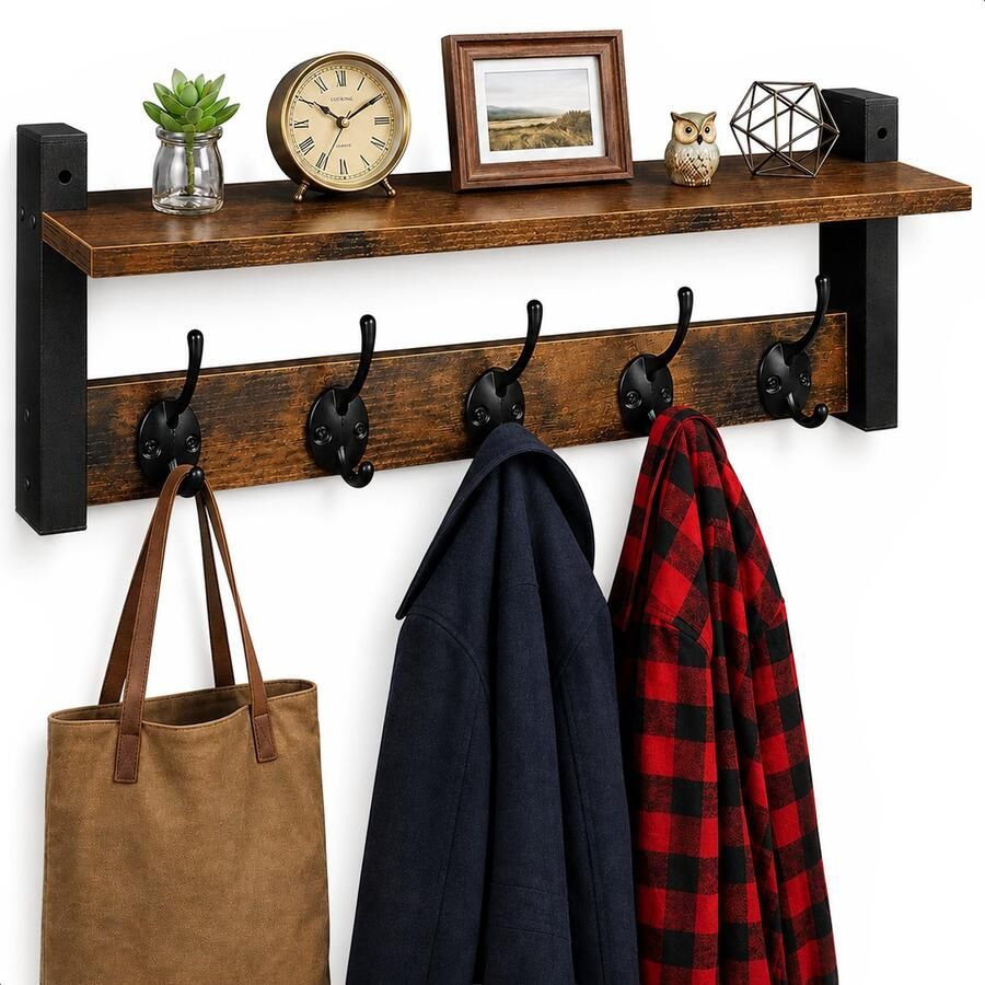 Luft Wand kapstok met plank 10 haken Hangend Kapstokken Kleer Kleding Hangers Vintage Muur Industrieel Hout Garde robe Zwart - Foto 2