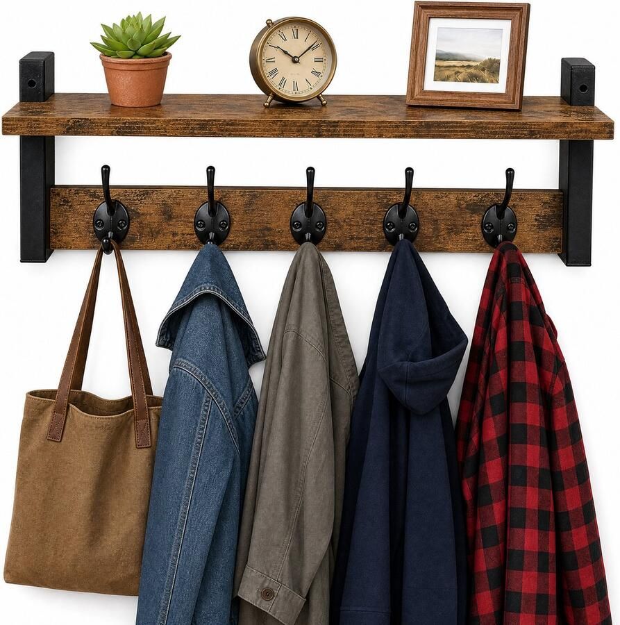 Luft Wand kapstok met plank 10 haken Hangend Kapstokken Kleer Kleding Hangers Vintage Muur Industrieel Hout Garde robe Zwart - Foto 3