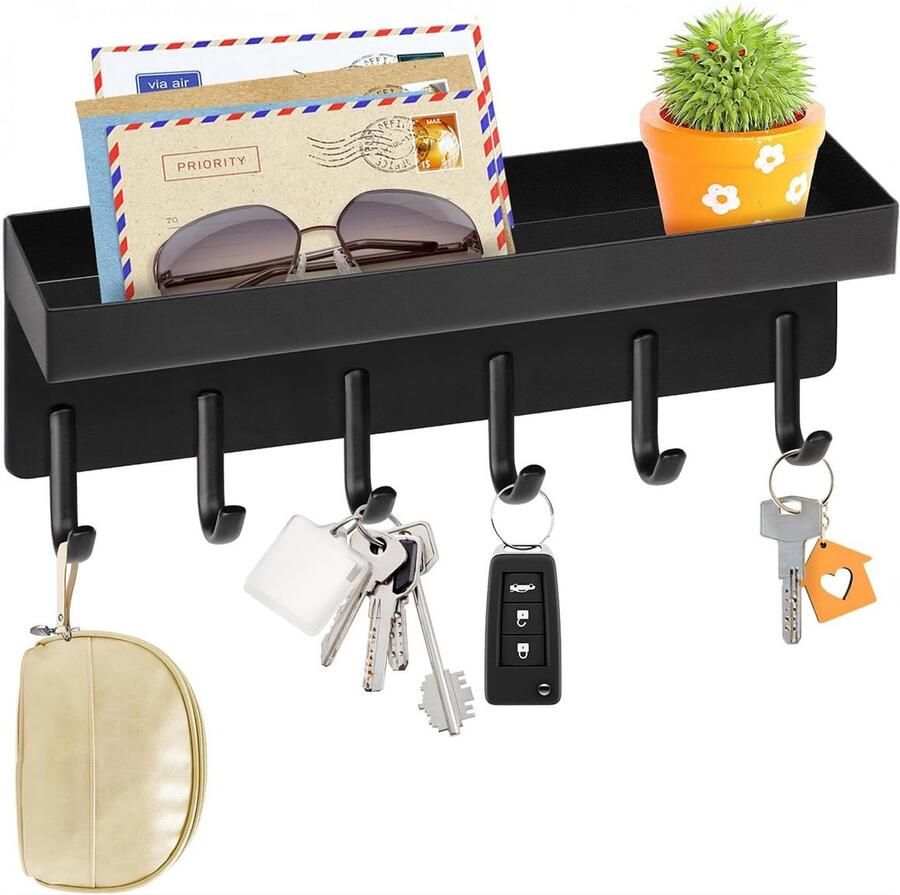 Luft Wand kapstok met plank voor sleutels 6 haken Hangend Kapstokken Kleer Kleding Hangers Vintage Muur Industrieel Hout Garde robe Zwart