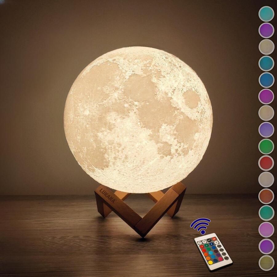 Lukana Maanlamp 3D Tafellamp 15 cm Maan Lamp 16 Dimbare LED Kleuren & Afstandsbediening Oplaadbaar Extra Realistisch - Foto 2