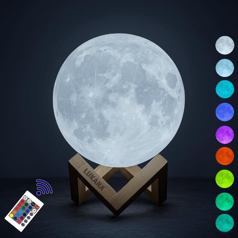 Lukana Maanlamp 3D Tafellamp 15 cm Maan Lamp 16 Dimbare LED Kleuren & Afstandsbediening Oplaadbaar Extra Realistisch