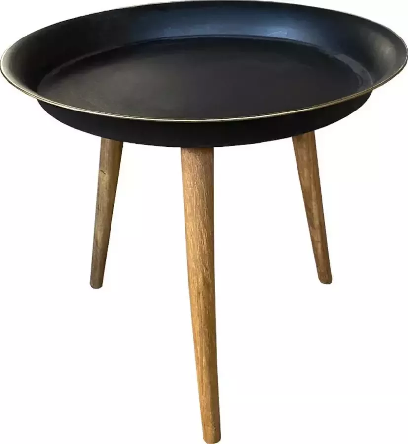 Lumbuck Elegante ronde eettafel 'Barry' Zwart metalen tafelblad met goudkleurige omranding. Houten ronde poten ⌀40cm