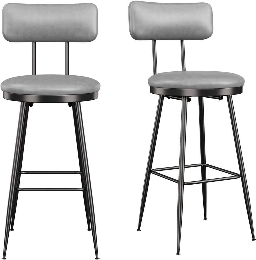 Luminari™ Barkruk set van 2 barkrukken keukenkruk van PU kunstleer Keukenstoelen met rugleuning en voetenbank metalen poten grijs