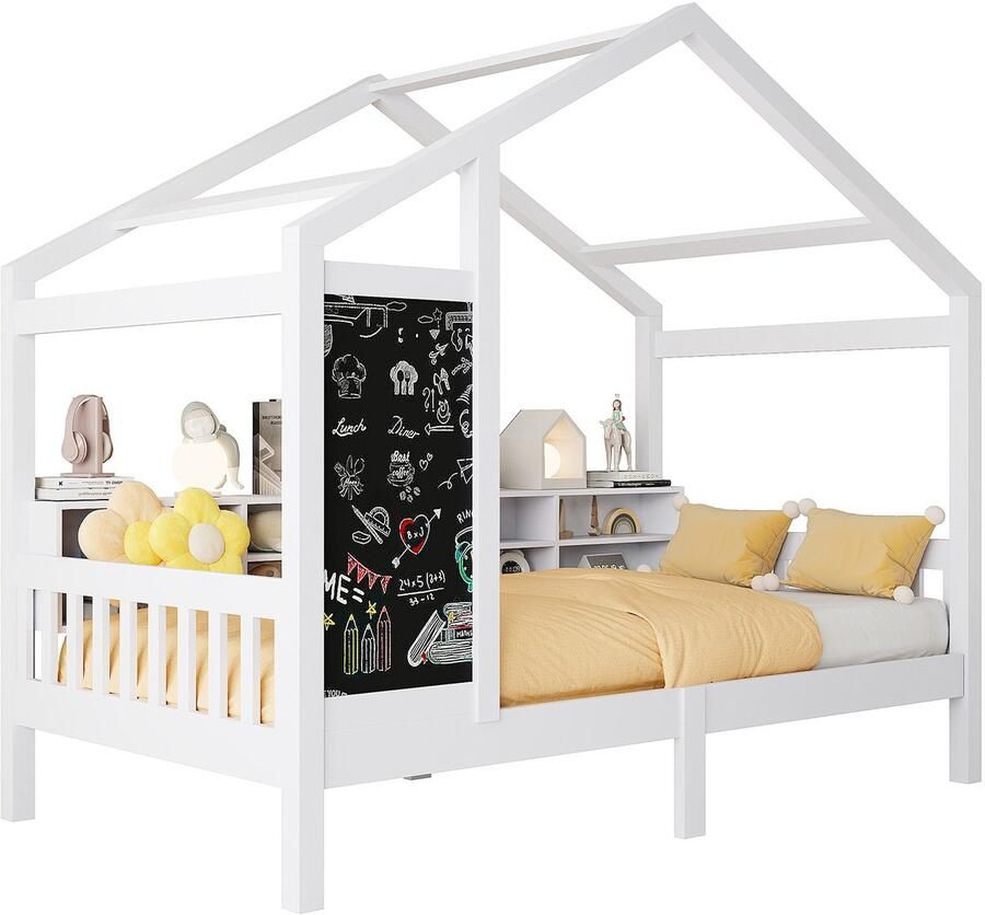 Luminari™ Huisbed kinderbed eenpersoonsbed 90x200cm massief houten huisbed met dak plank en opbergvakken opbergruimte