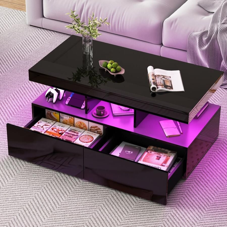 Luminari™ Luminarix Hoogglans Salontafel met LED Koffietafel met 2 lades Bijzettafels Woonkamertafel Moderne stijl 104 x 53 x 46 cm Zwart