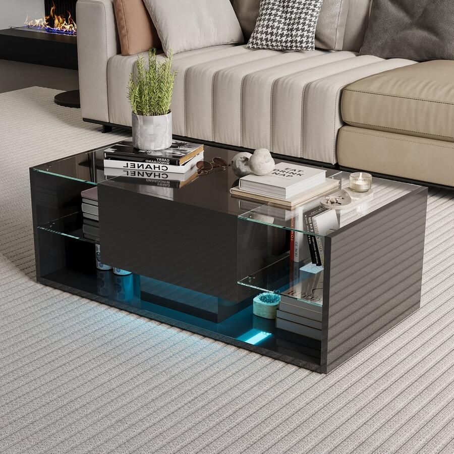 Luminari™ Luminarix Hoogglans Salontafel met LED Koffietafel met lade Bijzettafels Glazen tafelblad Woonkamertafel Moderne stijl 100 x 50 x 35 cm Zwart