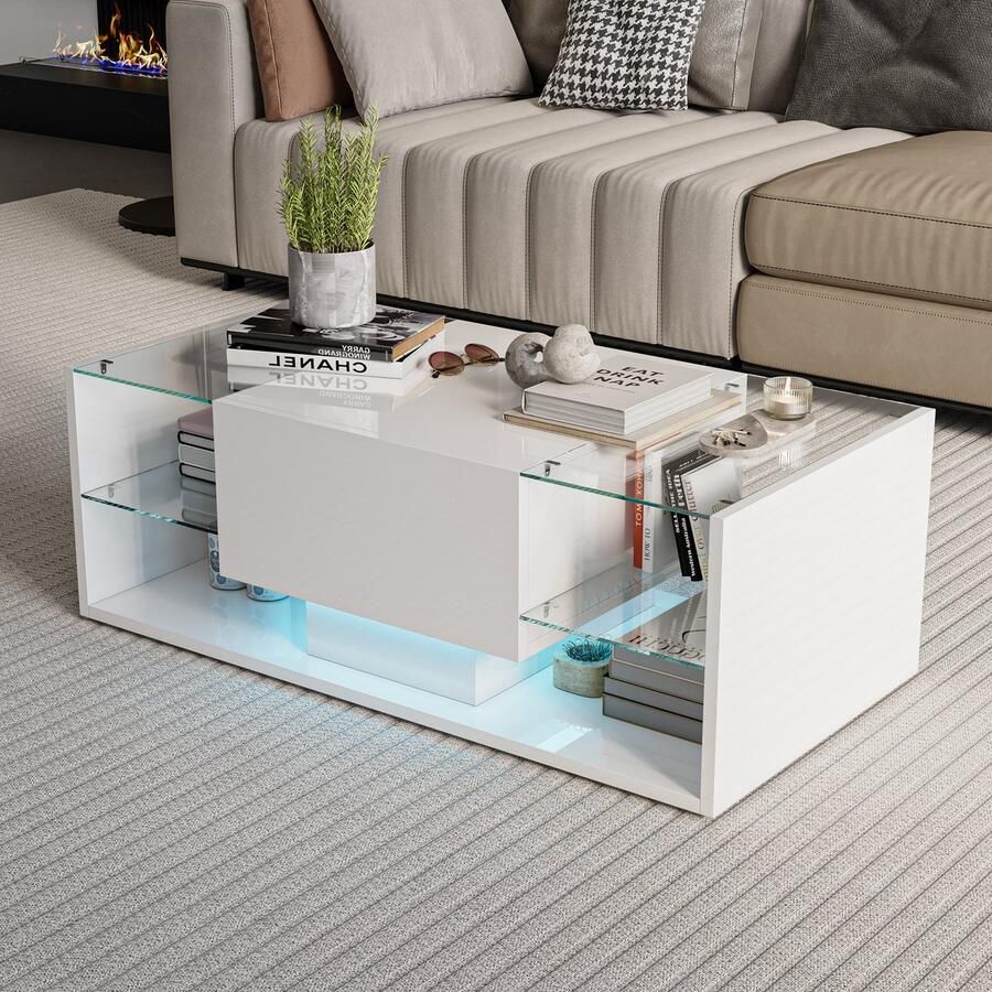 Luminari™ Luminarix Hoogglans Salontafel met LED Koffietafel met lade Bijzettafels Glazen tafelblad Woonkamertafel Moderne stijl 100 x 50 x 35 cm Wit