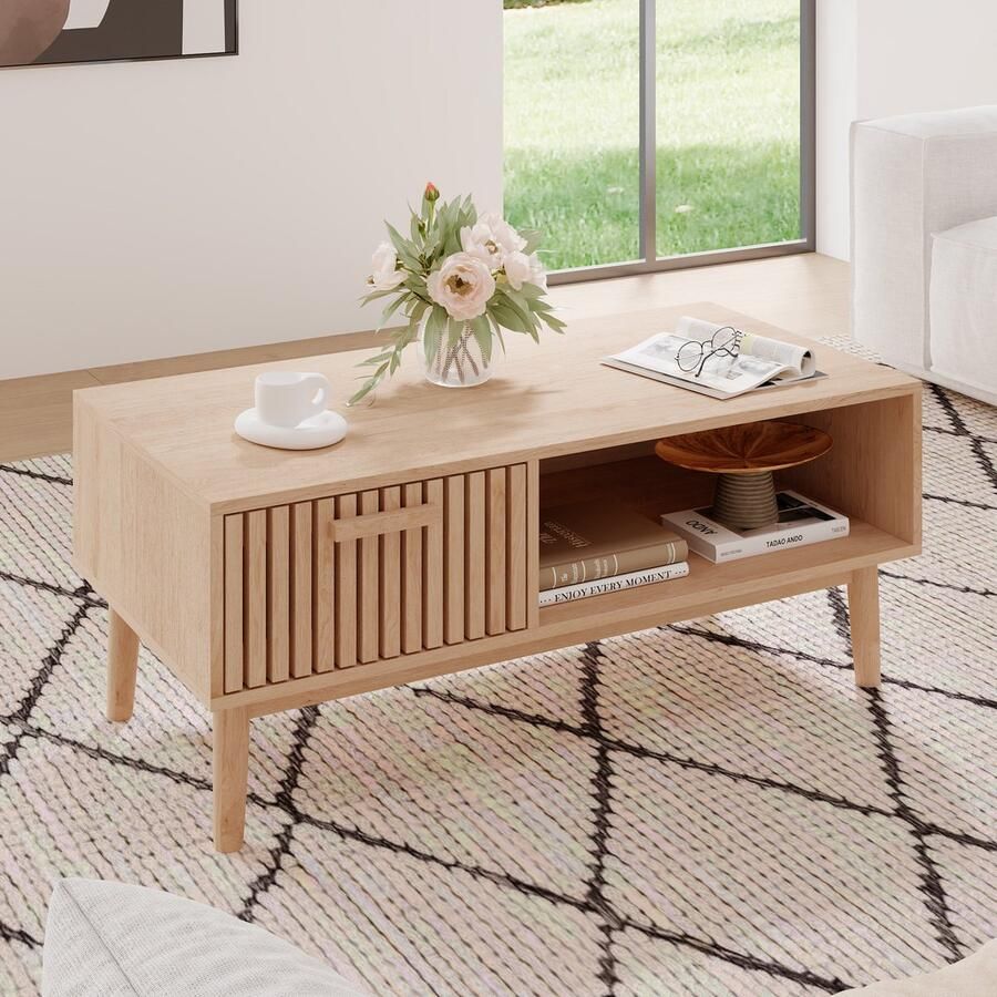 Luminari™ Luminarix Houten salontafel met lade massief houten bijzettafel woonkamermeubel 100x50x43 cm