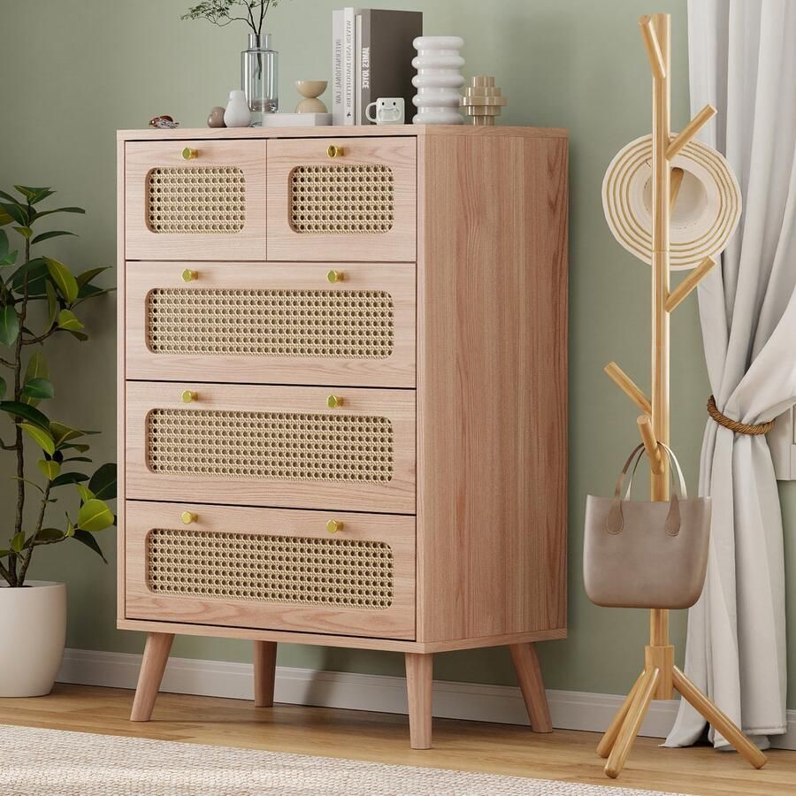 Luminari™ Luminarix Ladekast met 5 laden van hout en rotan multifunctionele opbergkast vrijstaande ladekast woonkamer of hal 60 x 34 x 91 cm massief hout
