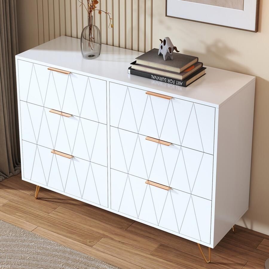 Luminari™ Luminarix Ladekast met 6 laden ruitvormige afwerking Multifunctionele Kast gouden poten geschikt voor woon- en slaapkamers 100 x 34 x 72 5 cm wit