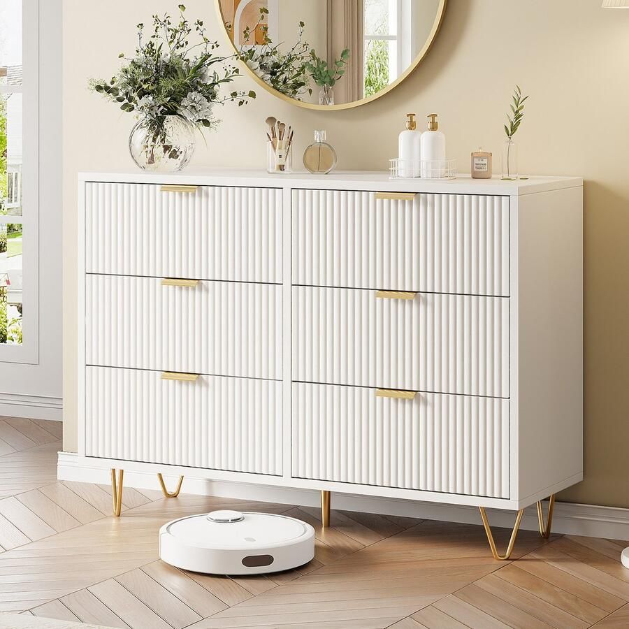 Luminari™ Luminarix Ladenkast met 6 laden Opbergkast met golvend patroon Dressoir Gouden poten Elegant design 100 × 34 × 73 cm MDF Wit