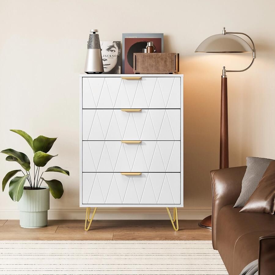 Luminari™ Luminarix Nachtkastje (1-delig) Houten dressoir voor slaapkamer woonkamer (set van 1 met 4 metalen poten) 4 lades wit nachtkastje