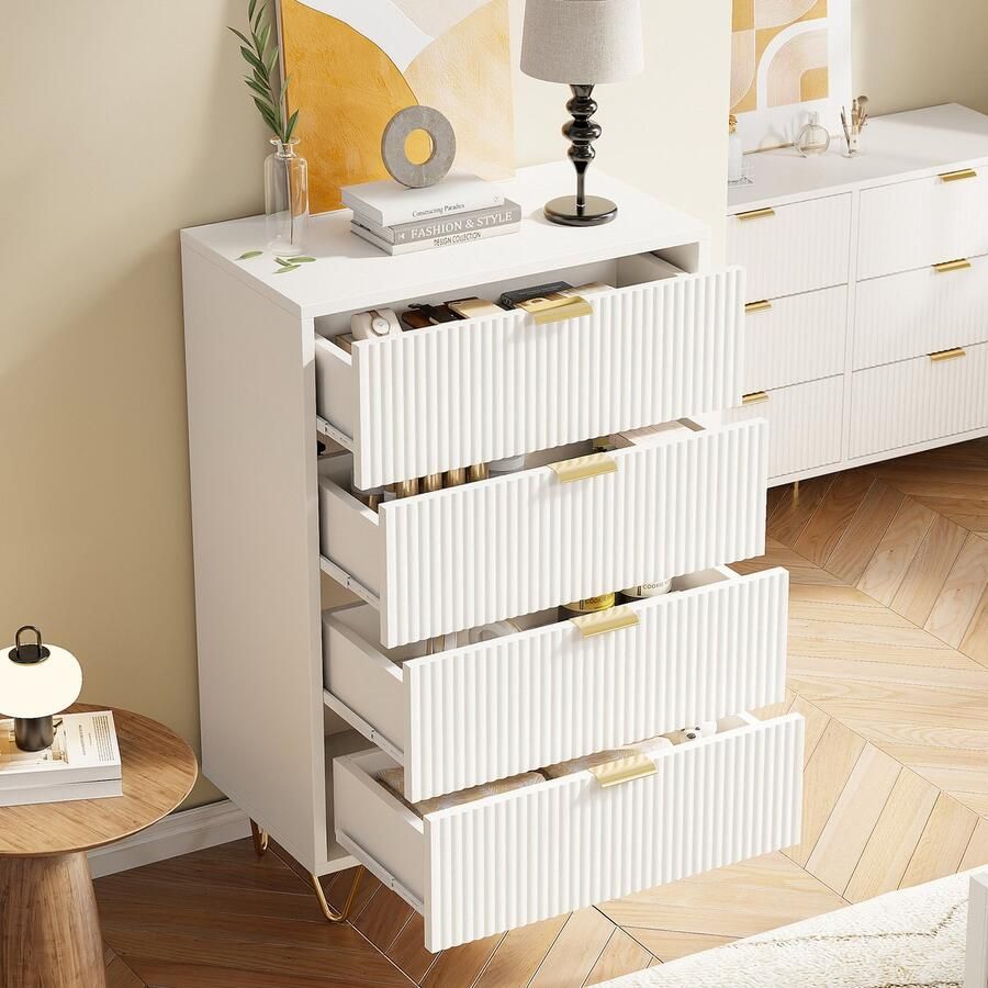 Luminari™ Luminarix Nachtkastje met lades (1-delig) houten dressoir voor slaapkamer woonkamer set van 1 met 4 metalen poten) 4 lades wit nachtkastje 34 x 60 x 90 cm