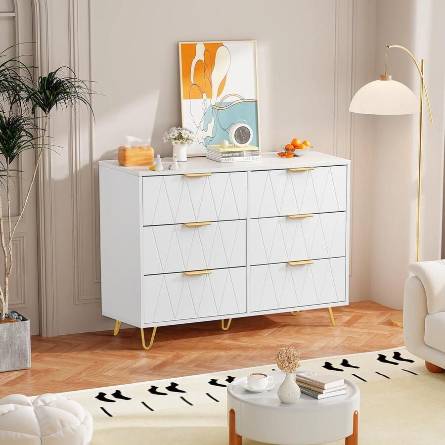 Luminari™ Luminarix Nachtkastje met lades (1-delig) houten dressoir voor slaapkamer woonkamer set van 1 met 5 metalen poten) 6 lades wit nachtkastje