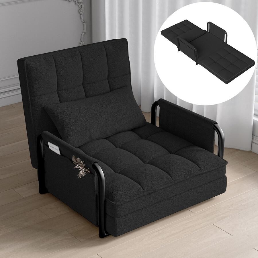 Luminari™ Luminarix Opvouwbare slaapbank (met kussens) -Ligstoel en Eenpersoonsbed -Slapen fauteuil- Verstelbare rugleuning met zijzak Zwart