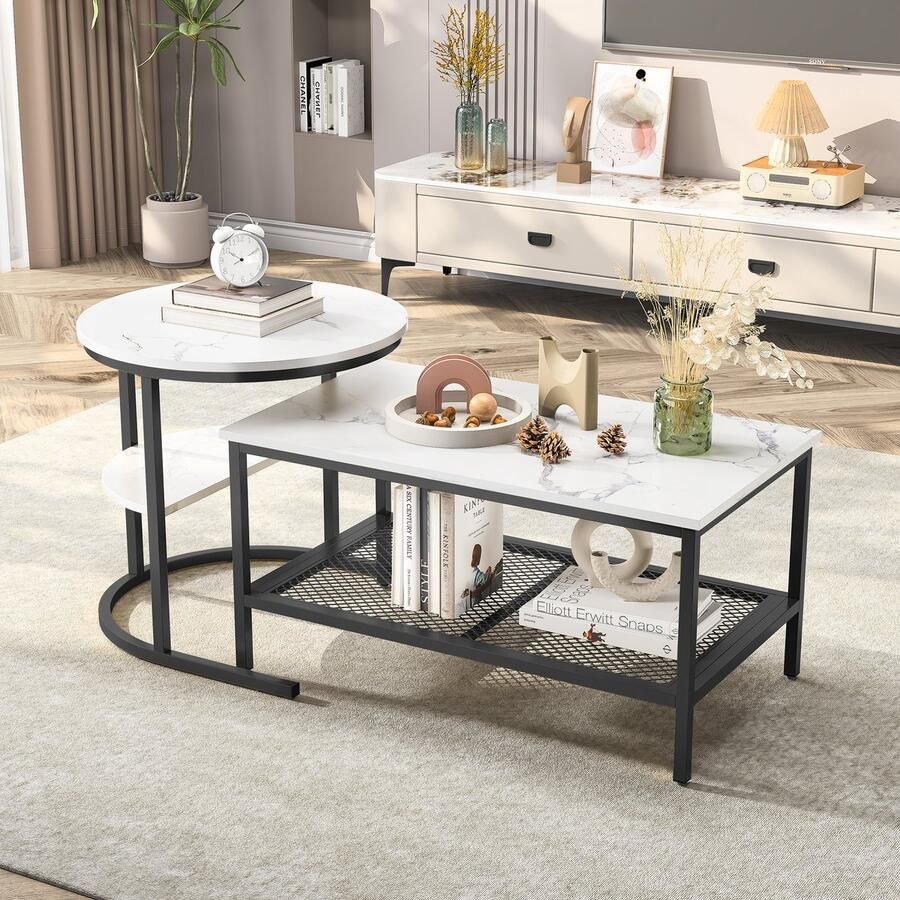Luminari™ Luminarix Salontafel set van 2 moderne bijzettafel marmerlook salontafelset metalen frame Zwart en wit -Voor Woonkamer of Slaapkamer