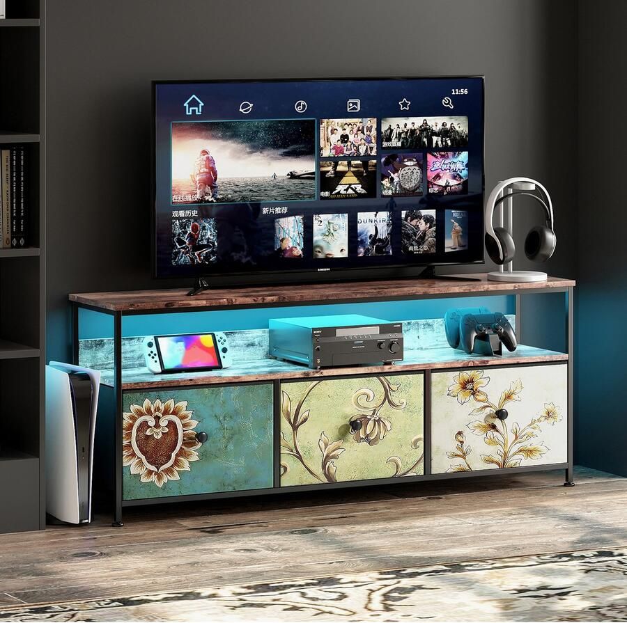 Luminari™ Luminarix TV-kast met LED TV-meubel Woonkamer TV-standaard met 3 lades Stoffen lades en metalen frame houten tafelblad 108 x 29 8 x 57 cm Gekleurd