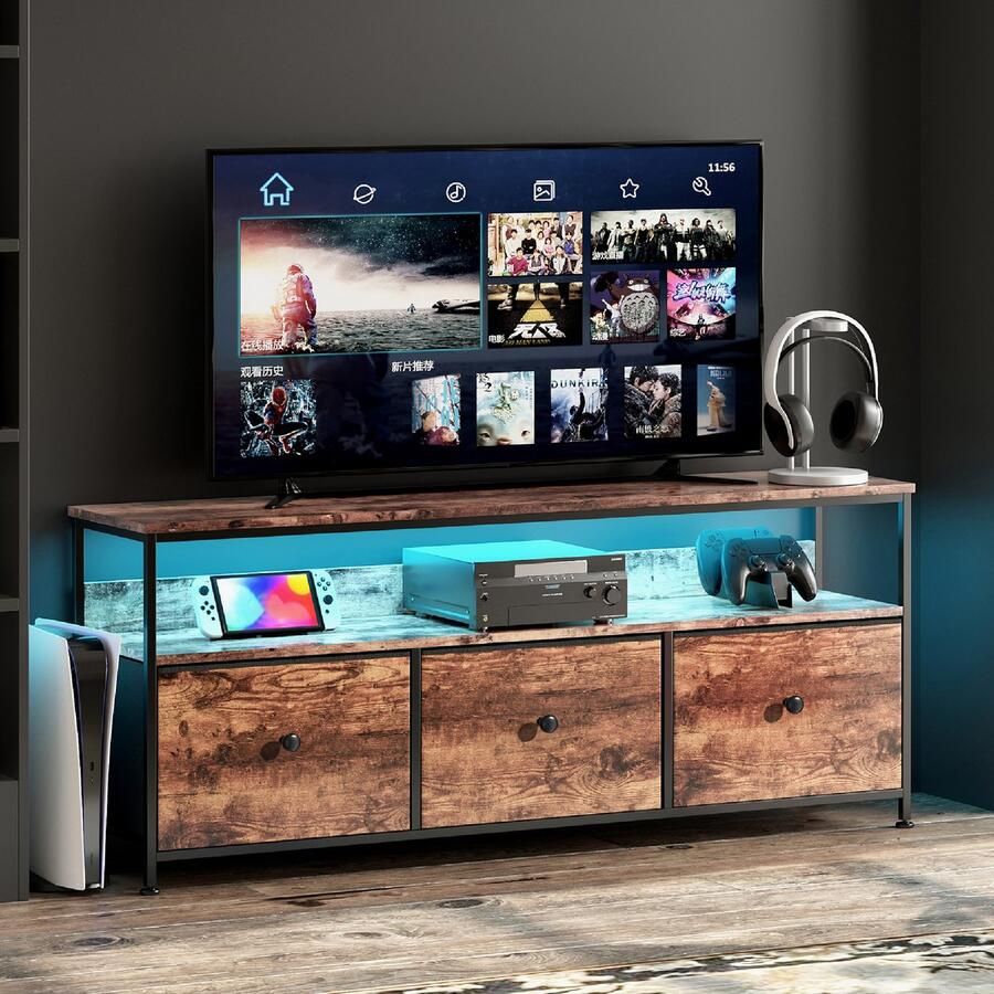 Luminari™ Luminarix TV-kast met LED TV-meubel Woonkamer TV-standaard met 3 lades Stoffen lades en metalen frame houten tafelblad 108 x 29 8 x 57 cm Bruin