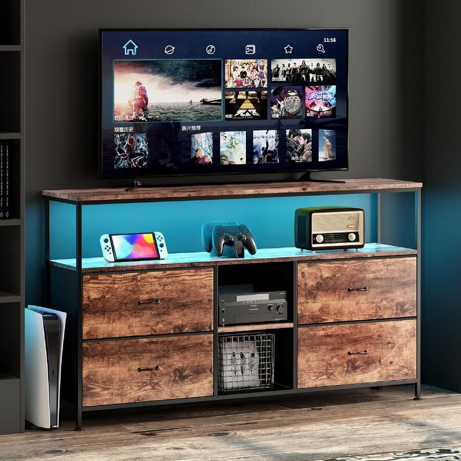 Luminari™ Luminarix TV-kast met LED TV-meubel Woonkamer TV-standaard met 4 lades Stoffen lades en metalen frame houten tafelblad 137 x 29 8 x 78 cm Bruin